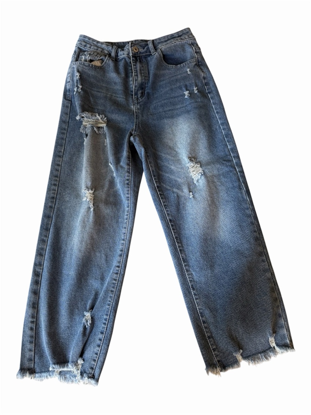 Distressed High-Waist Wide Leg Jeans - Blue